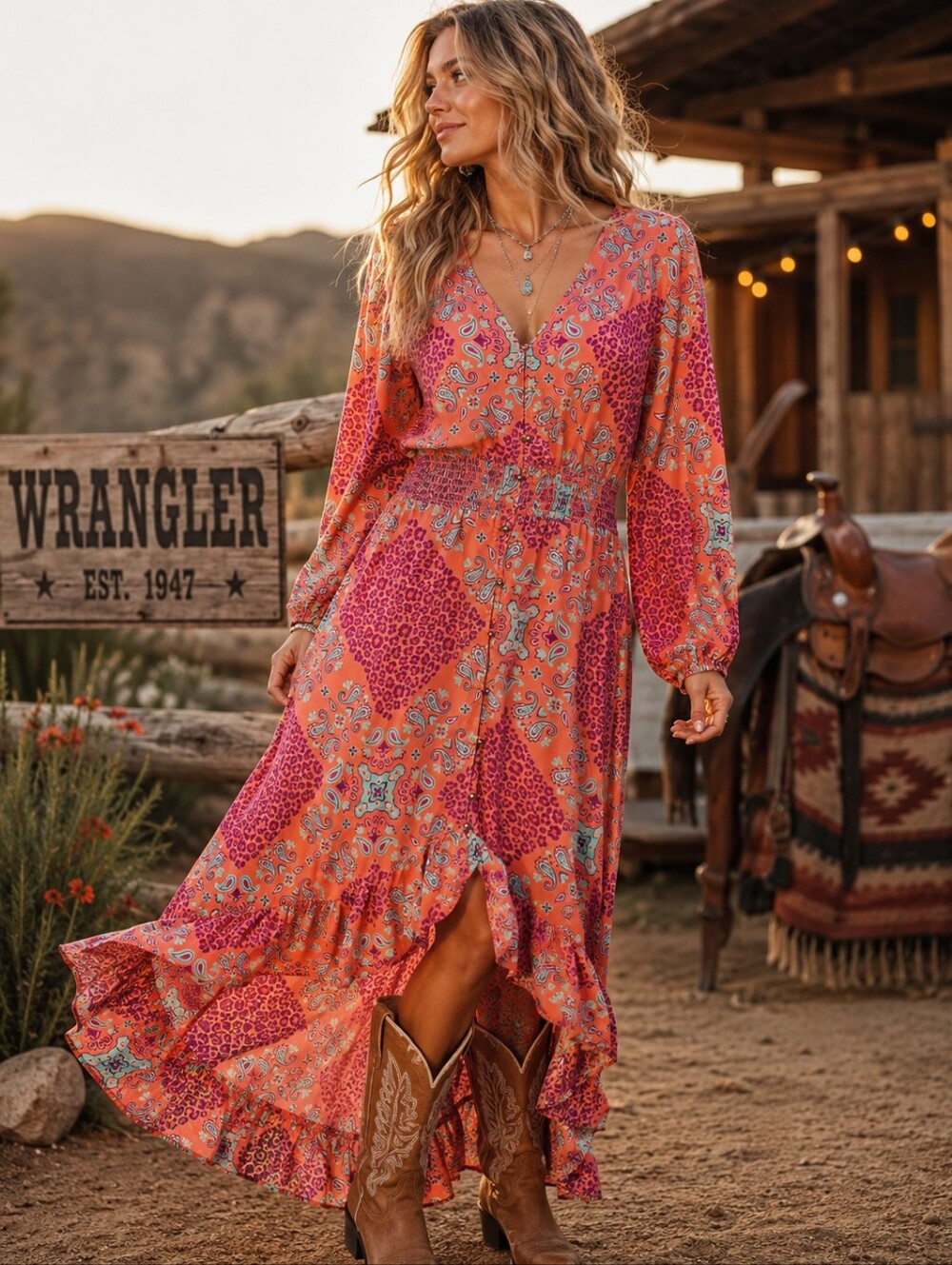 Wrangler Retro Boho Maxi Dress LG High Low Hem Western Country Prairie Cowgirl